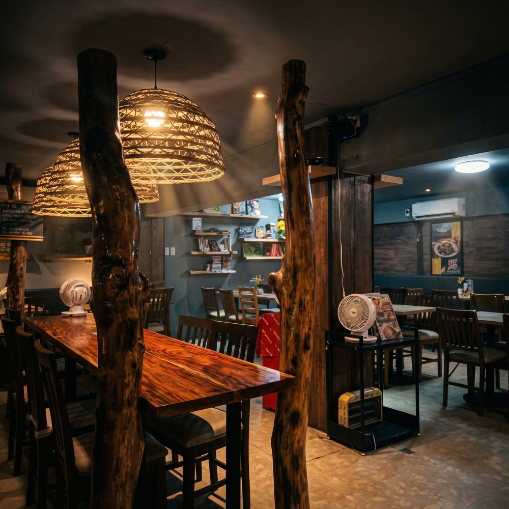 A cozy café interior with wooden tables and chairs, illuminated by warm, woven basket lights.