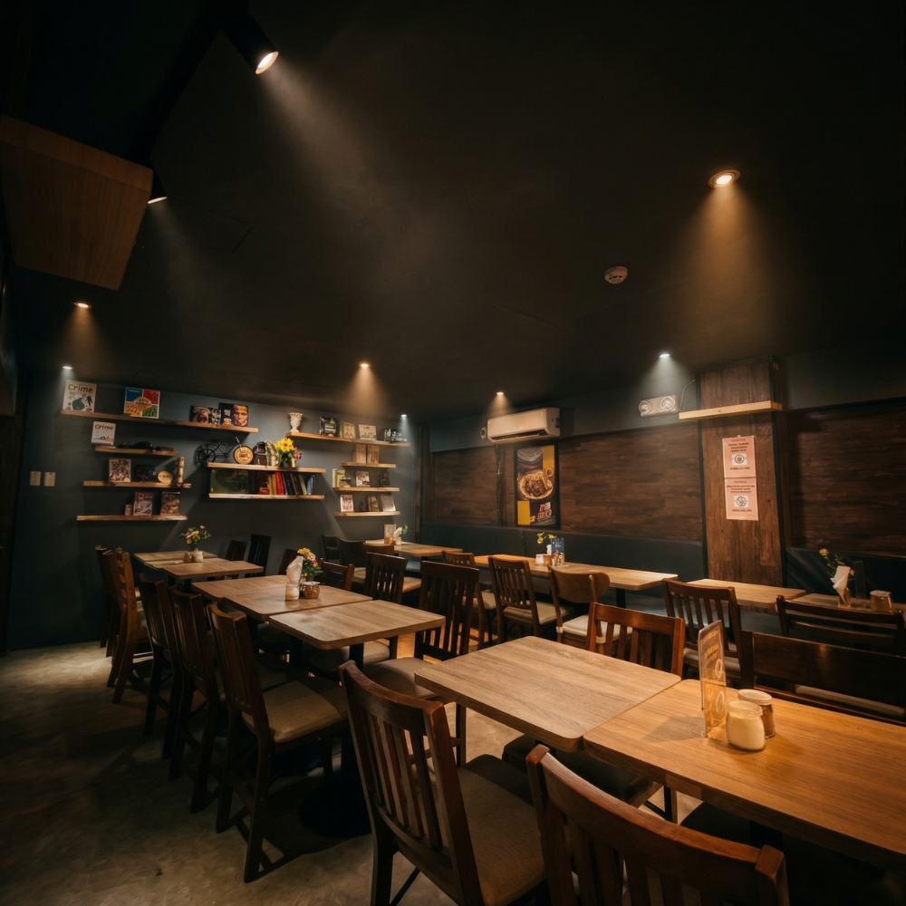 Wooden tables and chairs are arranged neatly.