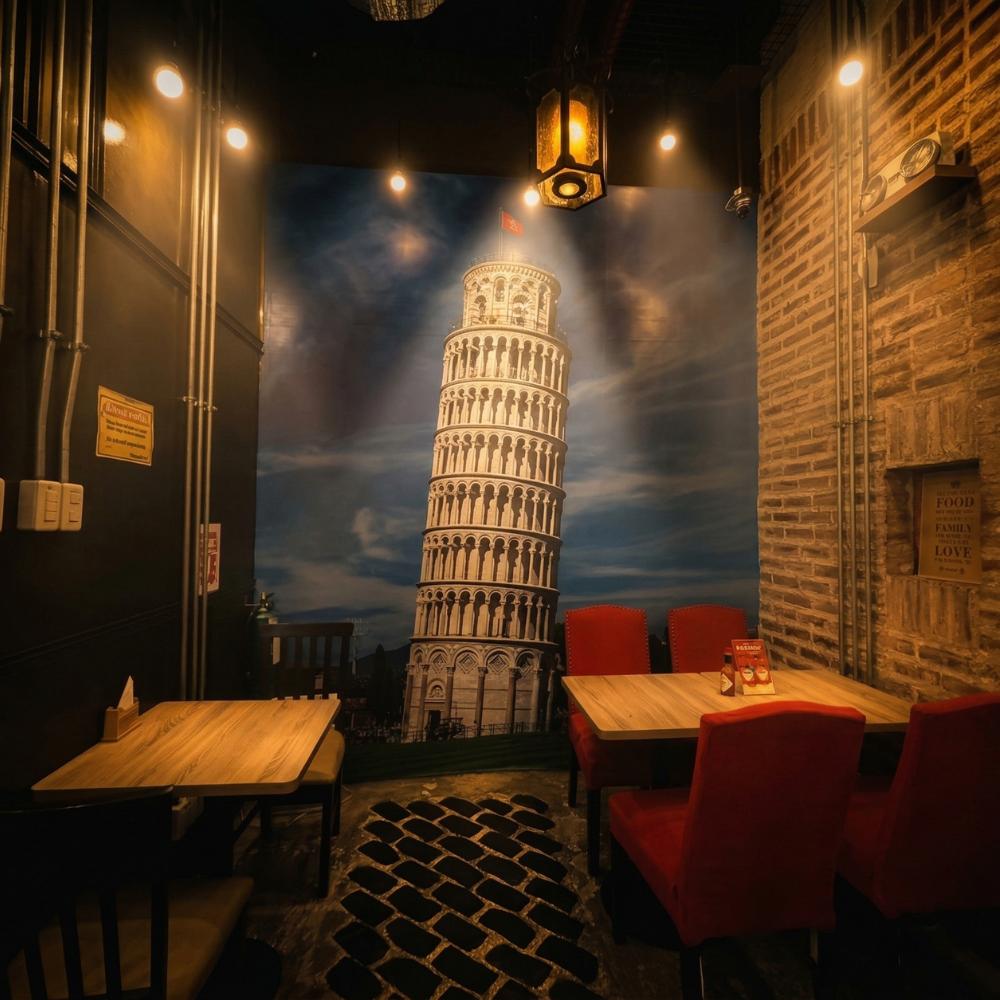 A mural of the Leaning Tower of Pisa adds an artistic touch beside tables and red chairs.