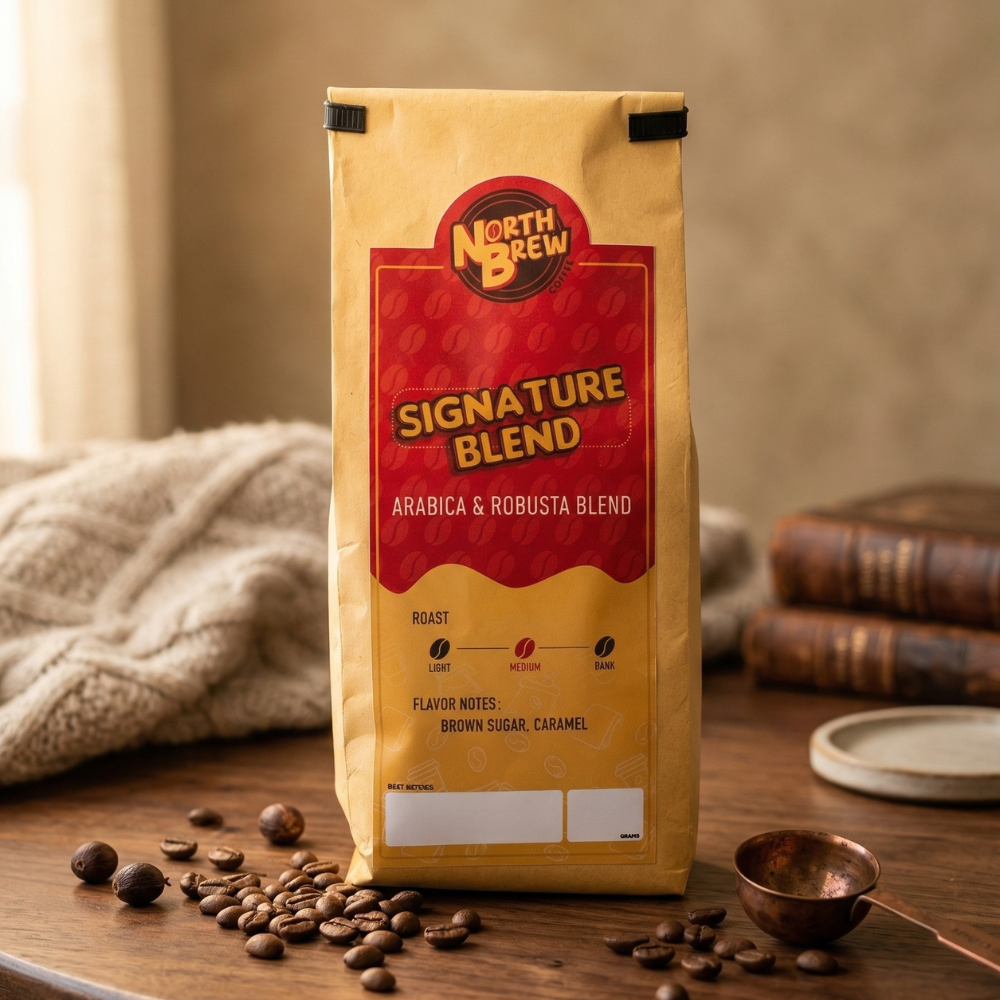 A bag of North Brew signature blend coffee sits on a wooden table with scattered coffee beans, a cozy blanket, vintage books, and a measuring cup.