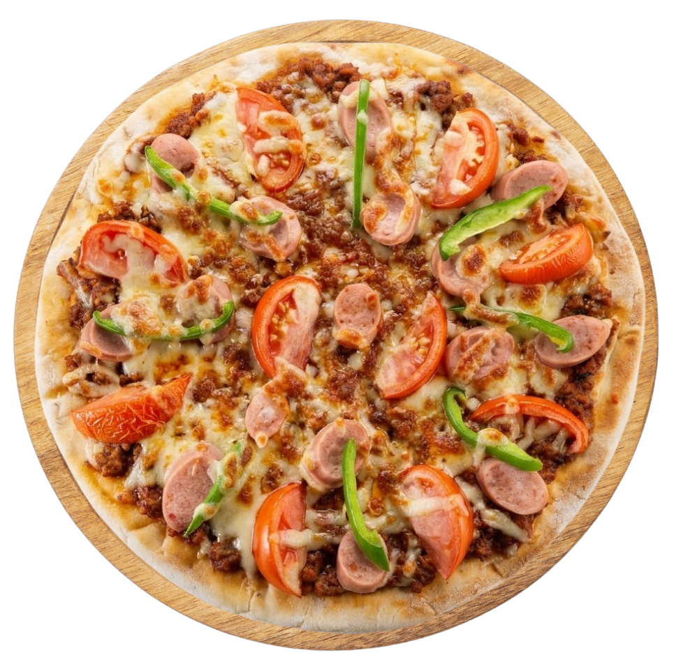 A pizza topped with melted cheese, sausage slices, green bell peppers, tomato wedges, and ground meat, set on a wooden board.