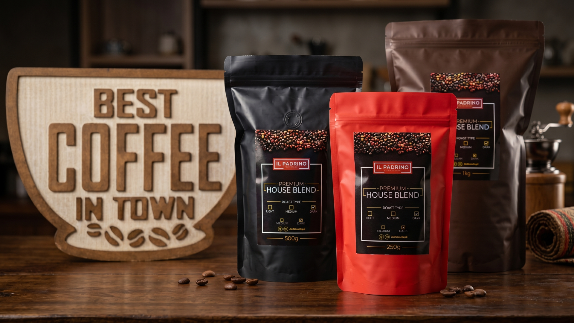 Three bags of Il Padrino Premium House Blend coffee are displayed on a wooden counter.