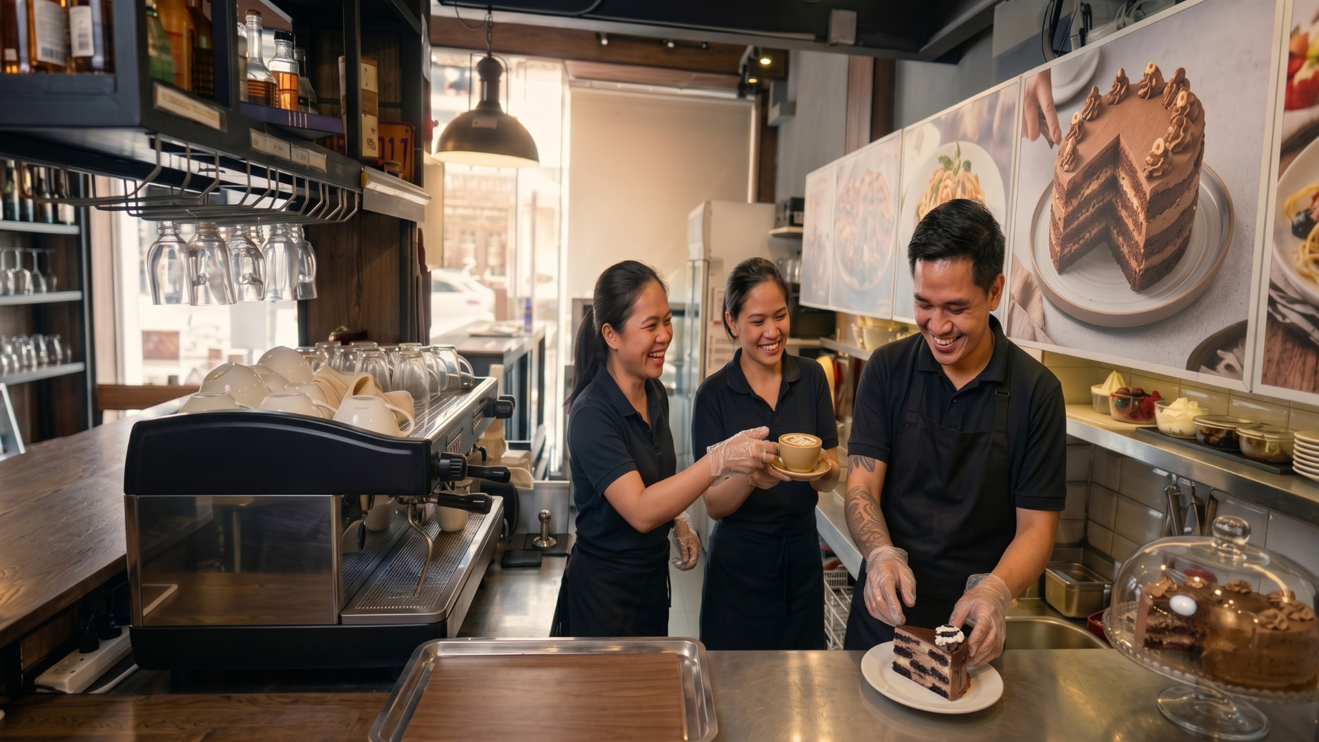 Three smiling cafe workers behind a counter, with a female barista holding a freshly poured latte and a male employee plating a slice of chocolate layer cake.