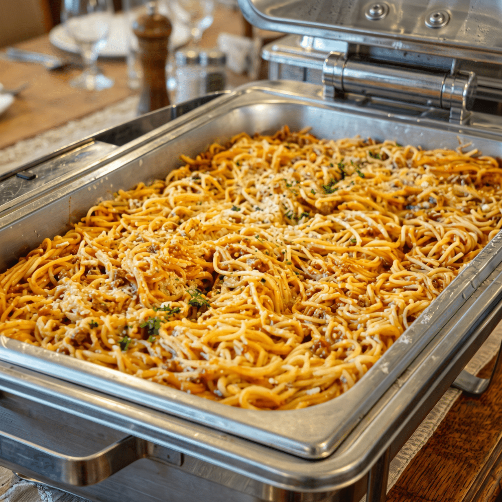 A large stainless steel chafing dish filled with spaghetti bolognese and meat sauce, garnished with fresh herbs.